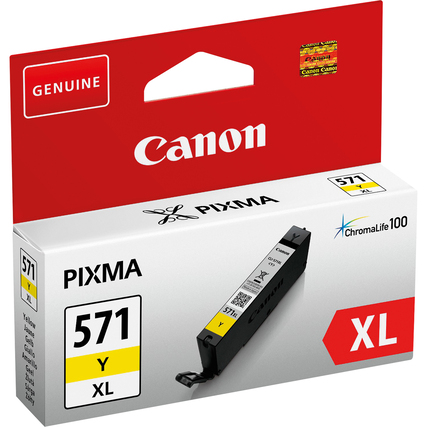 Gelbe Canon Tintenpatrone CLI-571XL Y in Verpackung mit rot-weißem Design.