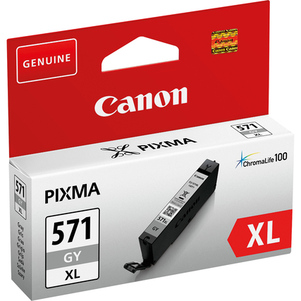 Graue Canon Tintenpatrone CLI-571XL GY in einer Verpackung mit Produktinformationen.