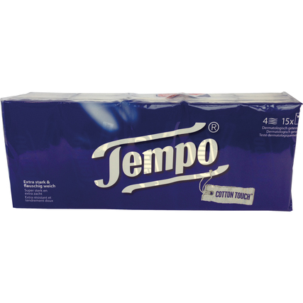 Paket mit Tempo Papiertaschentüchern in blauer Verpackung, sichtbar mit dem Markennamen.