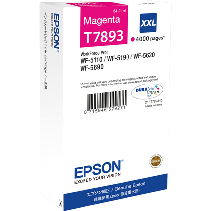 Epson Tintenpatrone T7893 in magenta, Verpackung zeigt Produktdetails und Seitenansicht.