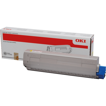 Gelber OKI Toner 44844505 neben der Verpackung, auf weißem Hintergrund abgebildet.