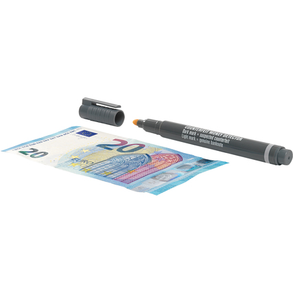 Geldscheinprüfstift neben einem 20-Euro-Schein in einer Produktabbildung.