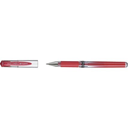Roter metallic Gelschreiber mit transparentem Deckel, horizontal auf weißem Hintergrund abgebildet.