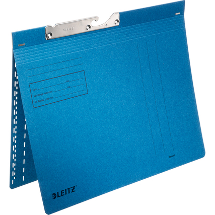 Blauer Pendelhefter mit metallischer Schnellheftmechanik und Sichtfeldern für Beschriftungen.