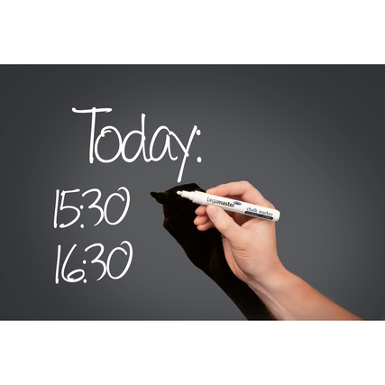 Schwarzes Glasboard zeigt handschriftliche Notizen und einen Marker in der rechten Hand.