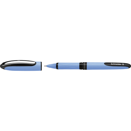 blauer Tintenroller mit schwarzem Clip, offen und seitlich dargestellt.