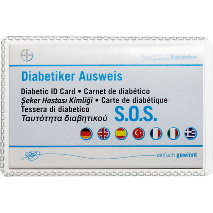 Ausweishülle für Dokumente, offen auf der rechten Seite, mit Diabetikerausweis sichtbar.