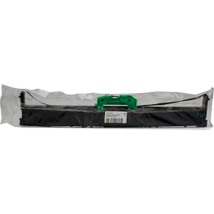 Schwarzes Farbband in transparentem Verpackungsmaterial mit grünem Griff und Etikett.