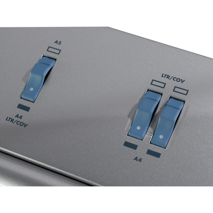 Detailansicht des Plastikbindegeräts mit Stanzkopfauswahl für A4 und A5 Formate.