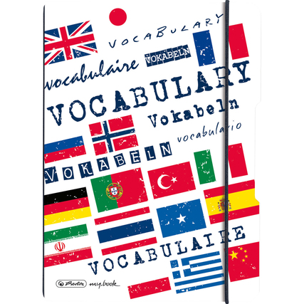 Vokabelheft mit Flags und Schriftzügen in verschiedenen Sprachen auf dem Cover.