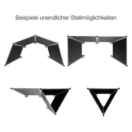 Präsentationswand-Set in verschiedenen Stellmöglichkeiten als Anwendungsbeispiel dargestellt.