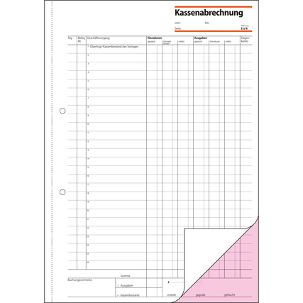 Kassenabrechnungsformular mit Spalten für Einnahmen, Ausgaben und MwSt.-Ausweis.