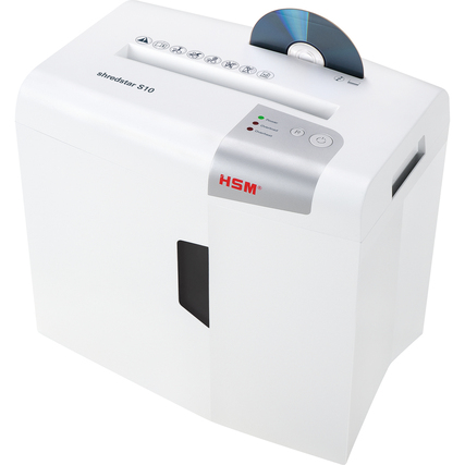HSM Aktenvernichter shredstar S10 mit CD-Schneidwerk und LED-Anzeige in weißer Farbe.