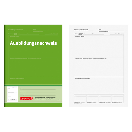 Grünes Berichtsheft für Ausbildungsnachweise mit innenseitigen Formularen.