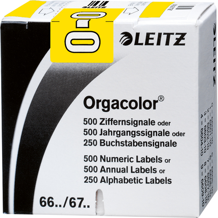 Gelbe Buchstabensignale auf Trägerbandrolle in Verpackung mit Strichcode.