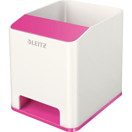 Stifteköcher in pink/weiß mit Fach für Smartphone und Soundverstärkungsfunktion.