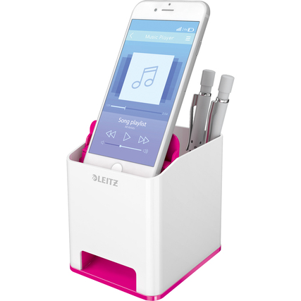 Stifteköcher in pink und weiß mit integriertem Fach für ein Smartphone und Schreibgeräten.