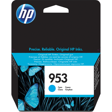 HP Tintenpatrone 953 in cyan in einer ventilierten Verpackung mit Schmetterling-Design.