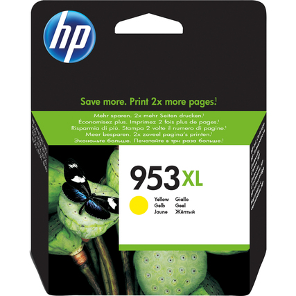 Gelbe HP Tintenpatrone 953XL in Verpackung mit Schmetterling und mehrsprachigen Texten.