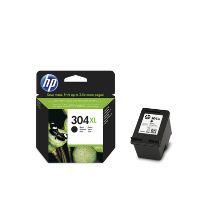 Schwarze HP Tintenpatrone 304XL in Verpackung, neben der Patrone auf weißem Hintergrund.