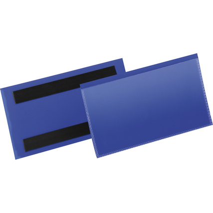 Dunkelblaue Etikettenhülle mit zwei rückseitigen Magnetstreifen für metallische Oberflächen.