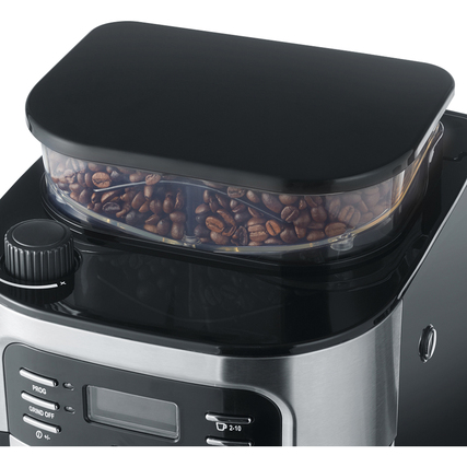 Kaffeebohnenbehälter auf einer Kaffeemaschine mit Bedienknopf und Anzeige.