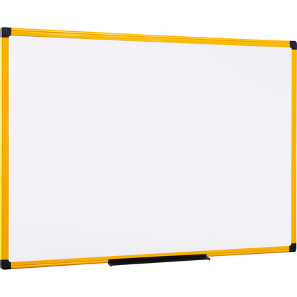 Weißes Whiteboard mit gelbem Rahmen, geeignet für Wandmontage.