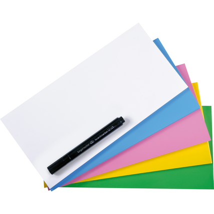 Bunte Moderationsfolien in verschiedenen Farben mit einem schwarzen Marker darauf liegend.