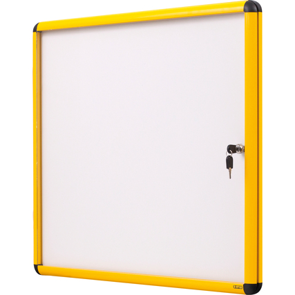 Robuster Schaukasten in gelbem Rahmen mit Schlüsselverschluss zur Dokumentenanzeige.