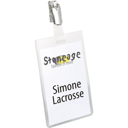 Namensschild mit Clip und personalisiertem Aufdruck im Format 60 x 90 mm.