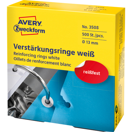 Weißer Lochverstärkungsring in Verpackung, 500 Stück, Durchmesser 13 mm.