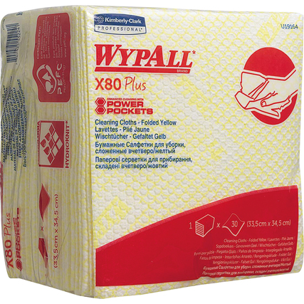 Gelbe WYPALL X80 Plus Wischtücher in Verpackung, geeignet für anspruchsvolle Reinigung.