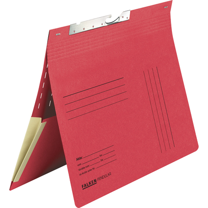Roter Pendelhefter mit kaufmännischer Heftung und Einstecktasche, offen dargestellt.
