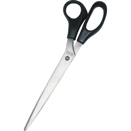Asymmetrische Universalschere mit langen Klingen und schwarzen Griffen.