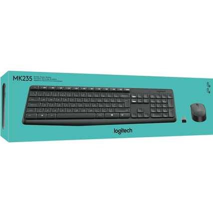 Tastatur-Maus-Set in Verpackung mit USB-Empfänger auf türkisem Hintergrund.