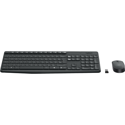 Kabelloses Tastatur-Maus-Set in Schwarz mit USB-Empfänger und Standardtastenanordnung.