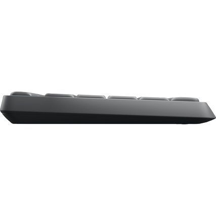 Seitenansicht einer flachen kabellosen Tastatur.