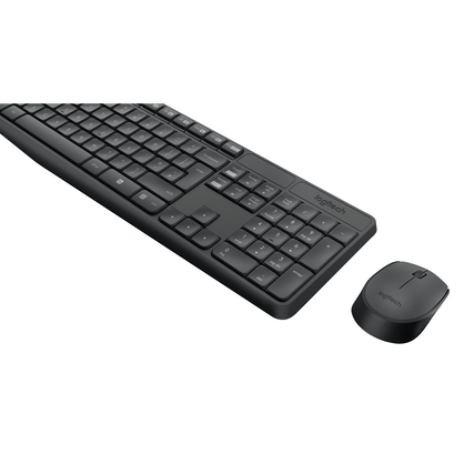 Schwarzes kabelloses Tastatur-Maus-Set mit Standard-Tastenanordnung und USB-Empfänger.