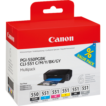 Multipack mit Canon Tintenpatronen in schwarz, cyan, magenta, gelb und grau im Karton.