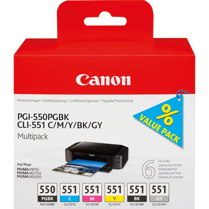 Verpackung von fünf Canon Tintenpatronen in schwarz, cyan, magenta, gelb und grau.