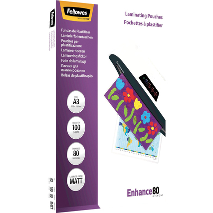 Laminierfolien in DIN A3 von Fellowes mit matt Oberfläche und 80 Mikron Dicke auf Verpackung.