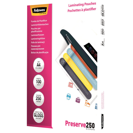 Laminierfolie in verschiedenen Farben und Formaten auf einer Verpackung abgebildet.