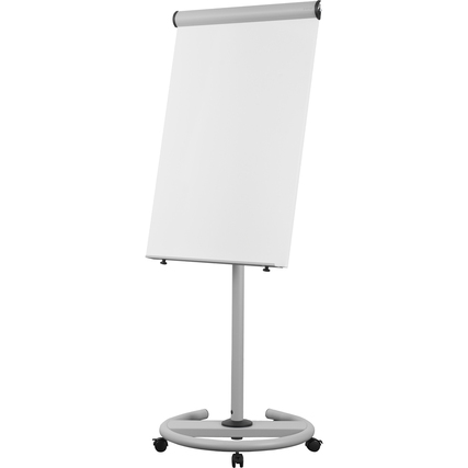 Mobiles graues Flipchart mit Rollen und neigbarer Tafel für Präsentationen und Planungen.