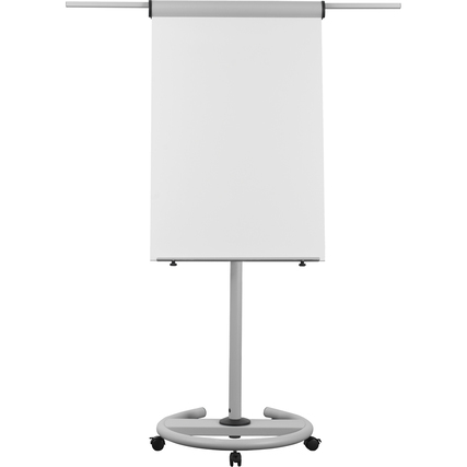 Mobiles Flipchart in grau mit rollbarem Standfuß und neigbarer Schreibfläche.