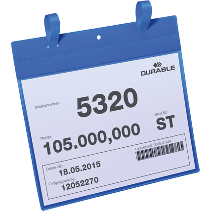 Dunkelblaue Sichttasche DIN A4 quer mit transparentem Fach und seitlichen Laschen zur Befestigung.
