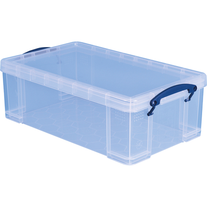 Transparente Aufbewahrungsbox mit Bügelverschlüssen, Maße 46,5 x 15,5 x 27 cm.