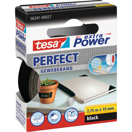 Schwarzes Gewebeband in Verpackung, Größe 2,75 m x 19 mm, für Haushalt und Hobby.