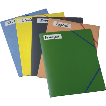 Sechs farbige Ordner mit Beschriftungen, die verschiedene Sprachen anzeigen.