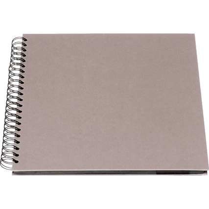 Quadratisches Fotoalbum in taupe mit Spiralbindung und offenem Deckel.
