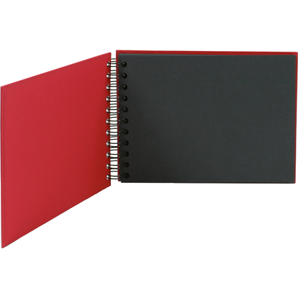 Rotes Fotoalbum mit Spiralbindung und schwarzen Seiten, offen dargestellt.